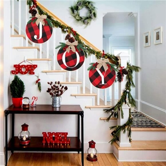 Joy Sign Christmas Wreath for Front Door, Buffalo Plaid Christmas Decorations - Picture 4 of 6